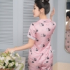 Đồ ngủ nữ pijama lụa tay cộc quần dài họa tiết con mèo trắng đen H969